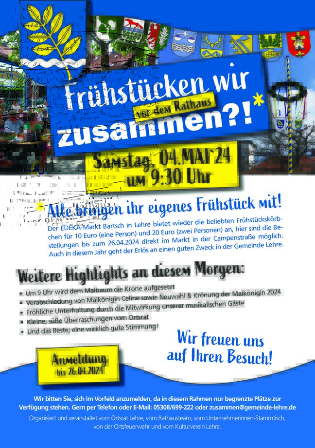 Foto (Quelle: Gemeinde Lehre, schuetzenswert.de): Das farbenfrohe Plakat lädt zum Maifrühstück „Rund ums Rathaus“ 2024